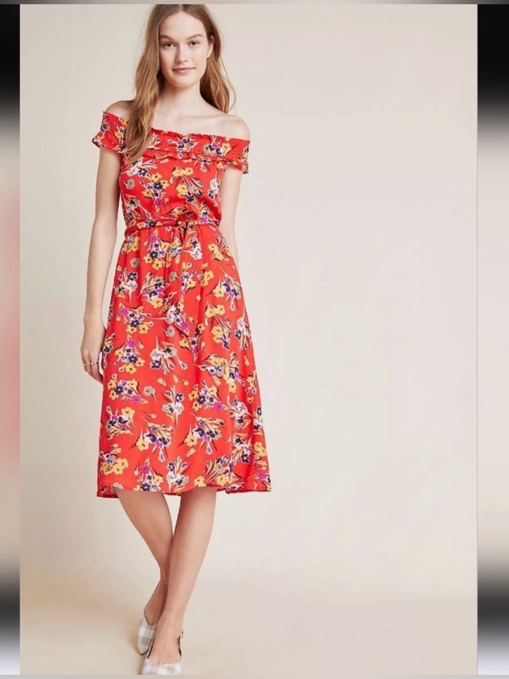 ANTHROPOLOGIE 47 of 52 Conversations COLLECTIBLE 4 Red Floral Off Shoulder Dress